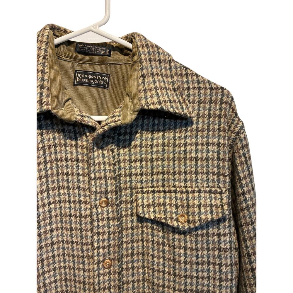 Vintage Bloomingdales Mens M Wool Houndstooth Shirt Jacket Shacket Brown 70s